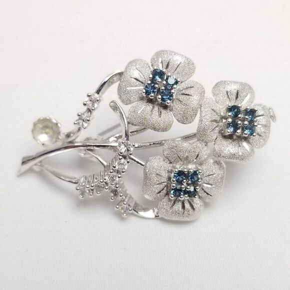 Vintage Sterling Silver Blue Rhinestone Flower Brooch, Estate Lapel Pin - Picture 2 of 7